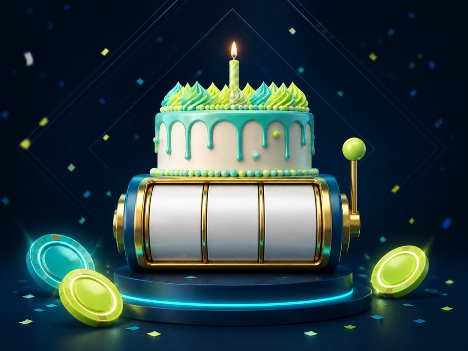 Doğum günü pastası ve slot makaraları ile 1000 FreeSpin bonusu illüstrasyonu