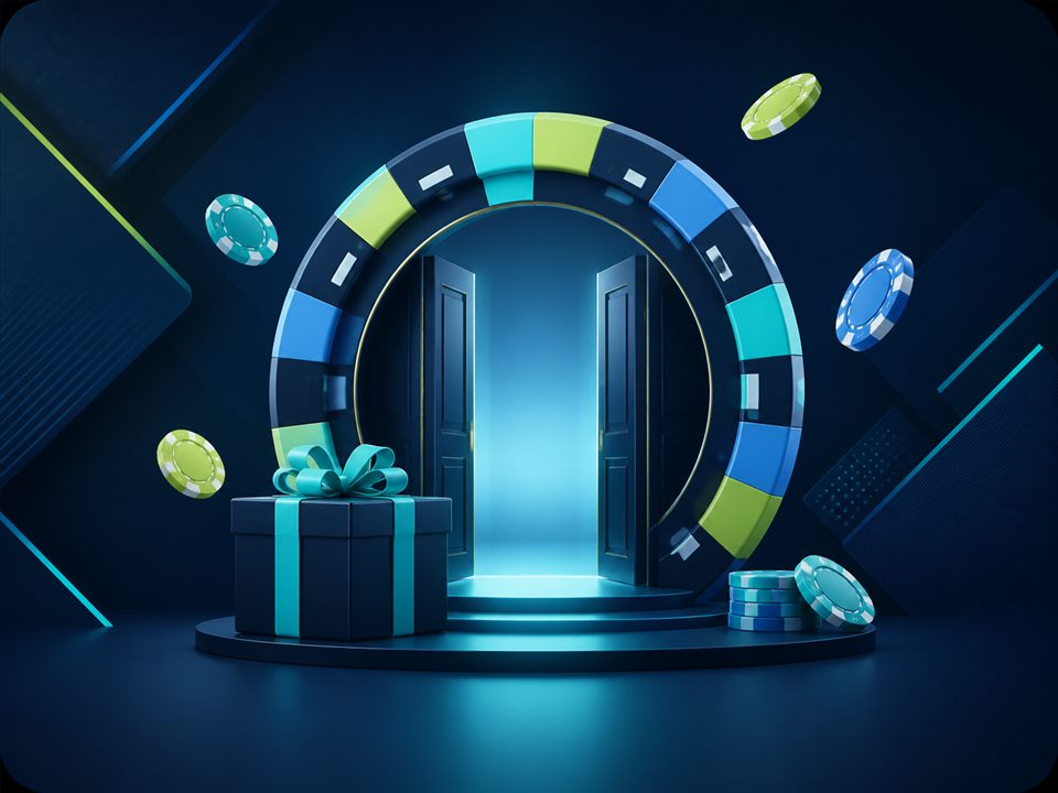 Açık kapı ve hediye kutusu ile casino hoş geldin bonusu illüstrasyonu